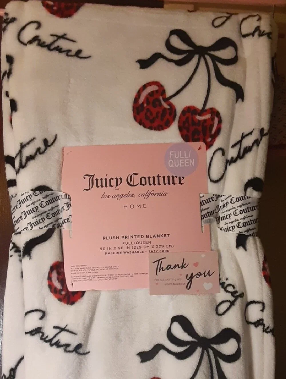 Full Queen Juicy Couture Plush Blanket in White with Red Cherries and Black Bows